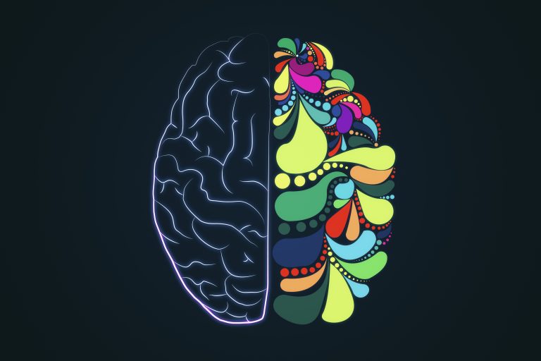 Creative colorful brain sketch on dark background.